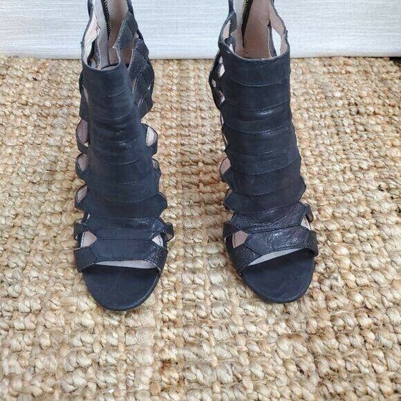 Vince Camuto Caged Heels 7.5 Black Leather Glitter Back Zip Bootie Shoe - Picture 3 of 11